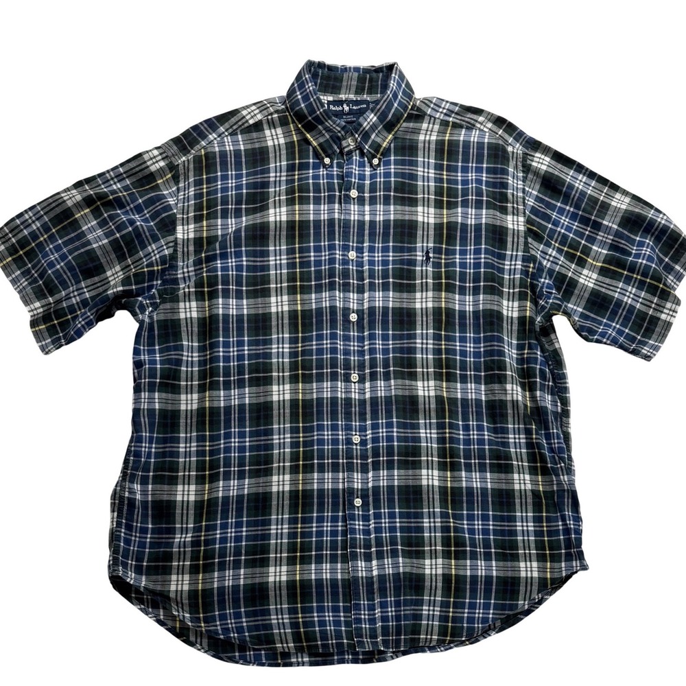 Ralph Lauren Blake Shirt Mens XL Blue Green Plaid Short Sleeve Button Down